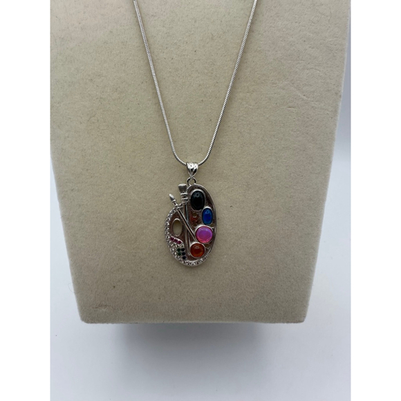 Silver and Opal Artist Palette Pendant on Stainless Steel Chain - Picture 9 of 10